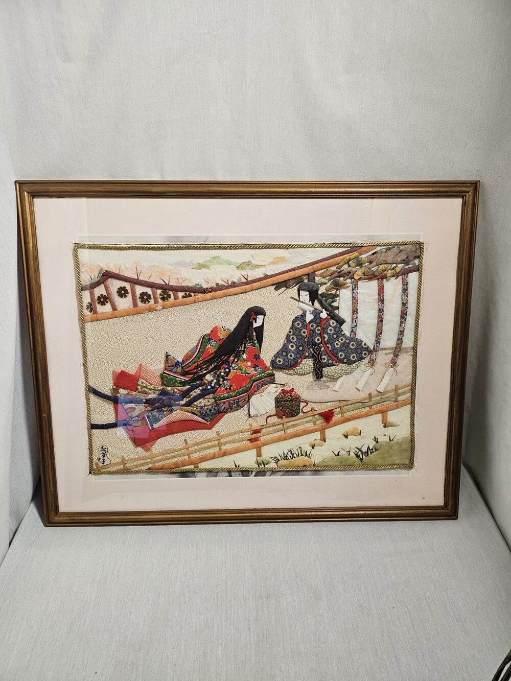 Japanese Oshie Fabric Art - 2 Geishas - Signed By Shikiko - Framed 21"x30"